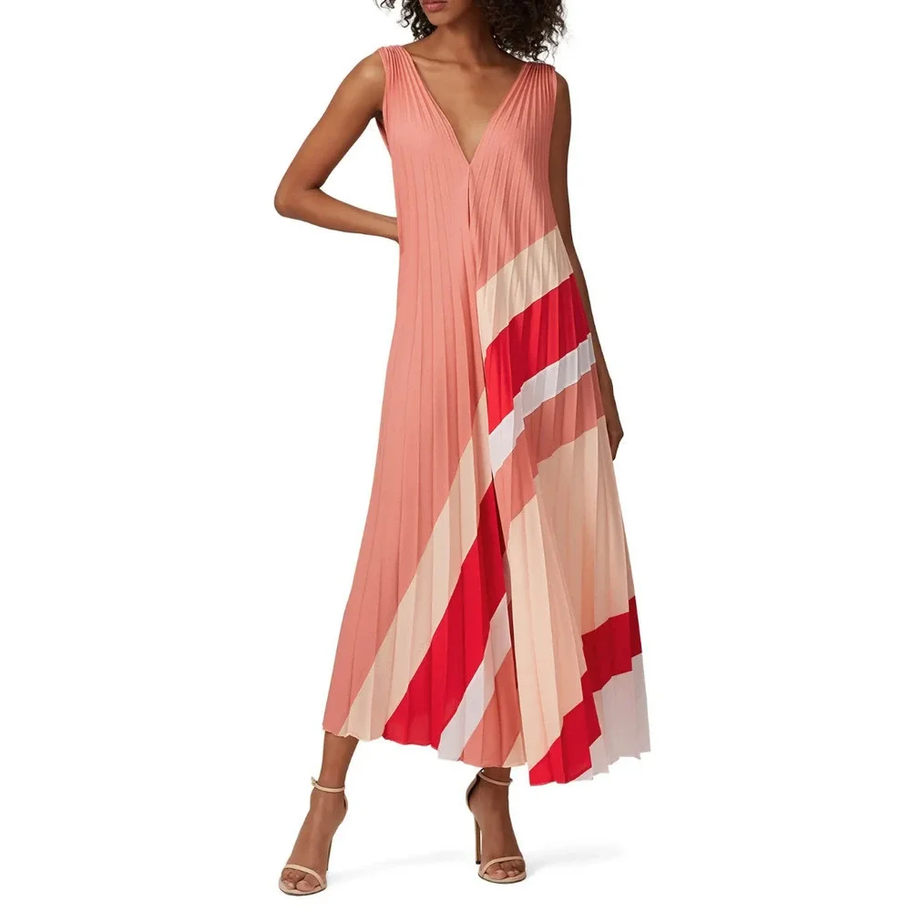 Tome Collective Dress 4 S Pleated Sleeveless Swing Stripe Maxi Pink Red V Neck - Picture 2 of 8